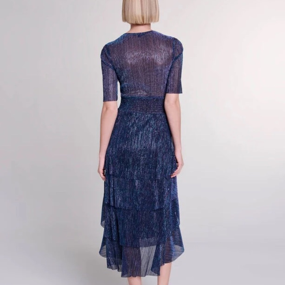 Maje Paris Full Lamé Dress with Ruffles Silver and Blue Sheer Back - Picture 2 of 11